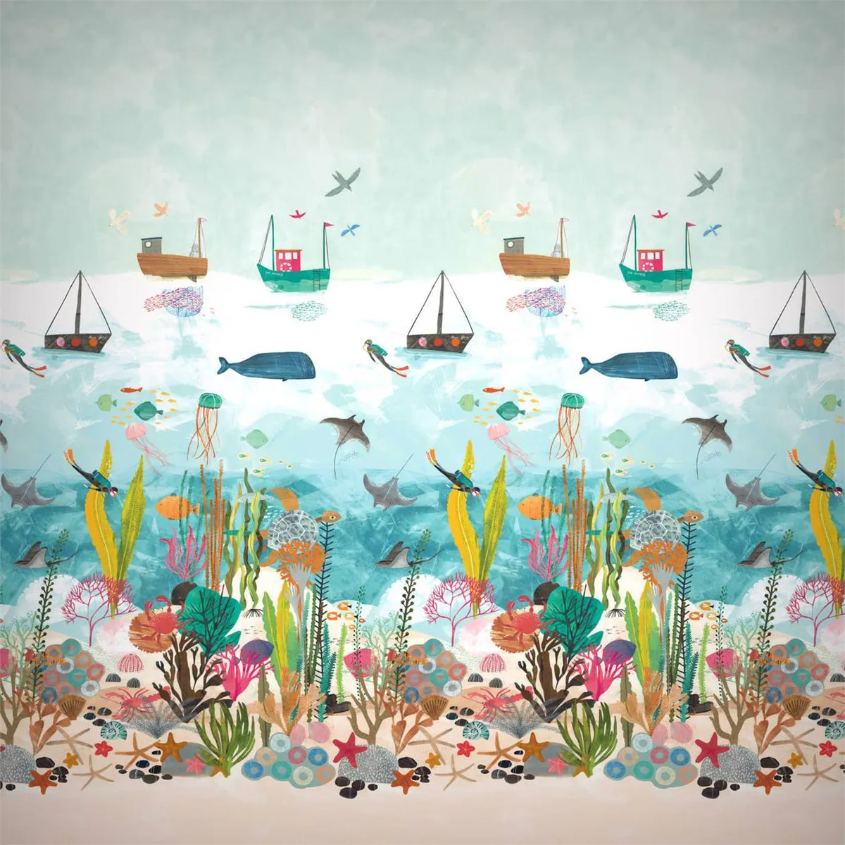 Above And Below Marine Life Wallpaper roomset