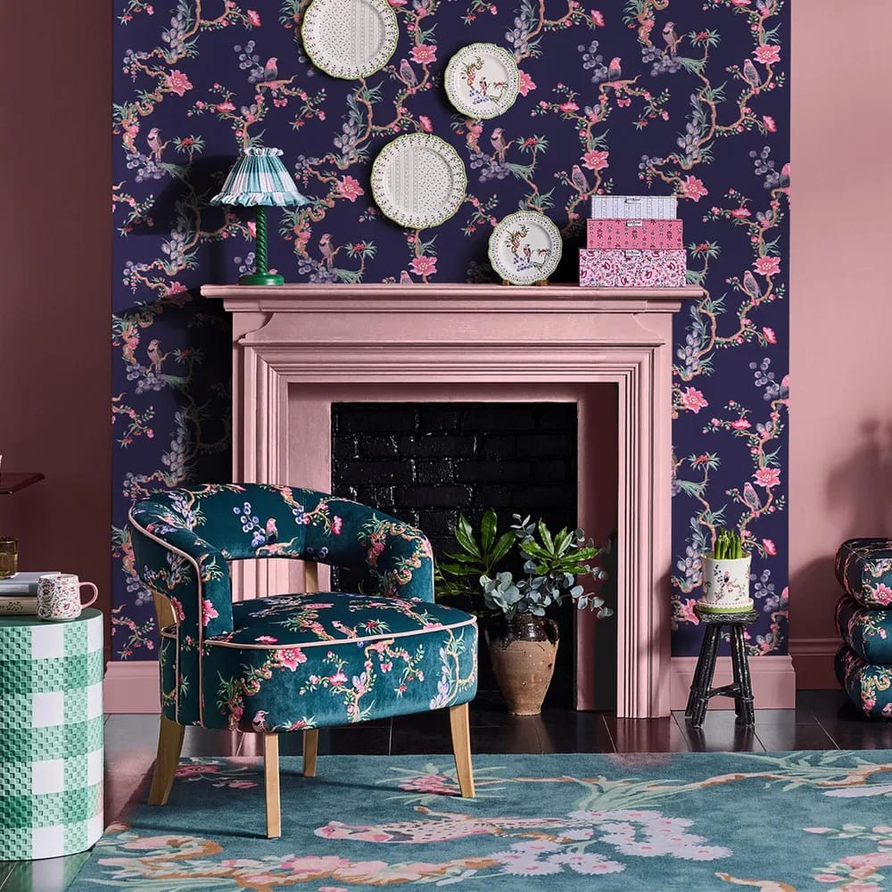 Birds & Berries Navy Wallpaper roomset