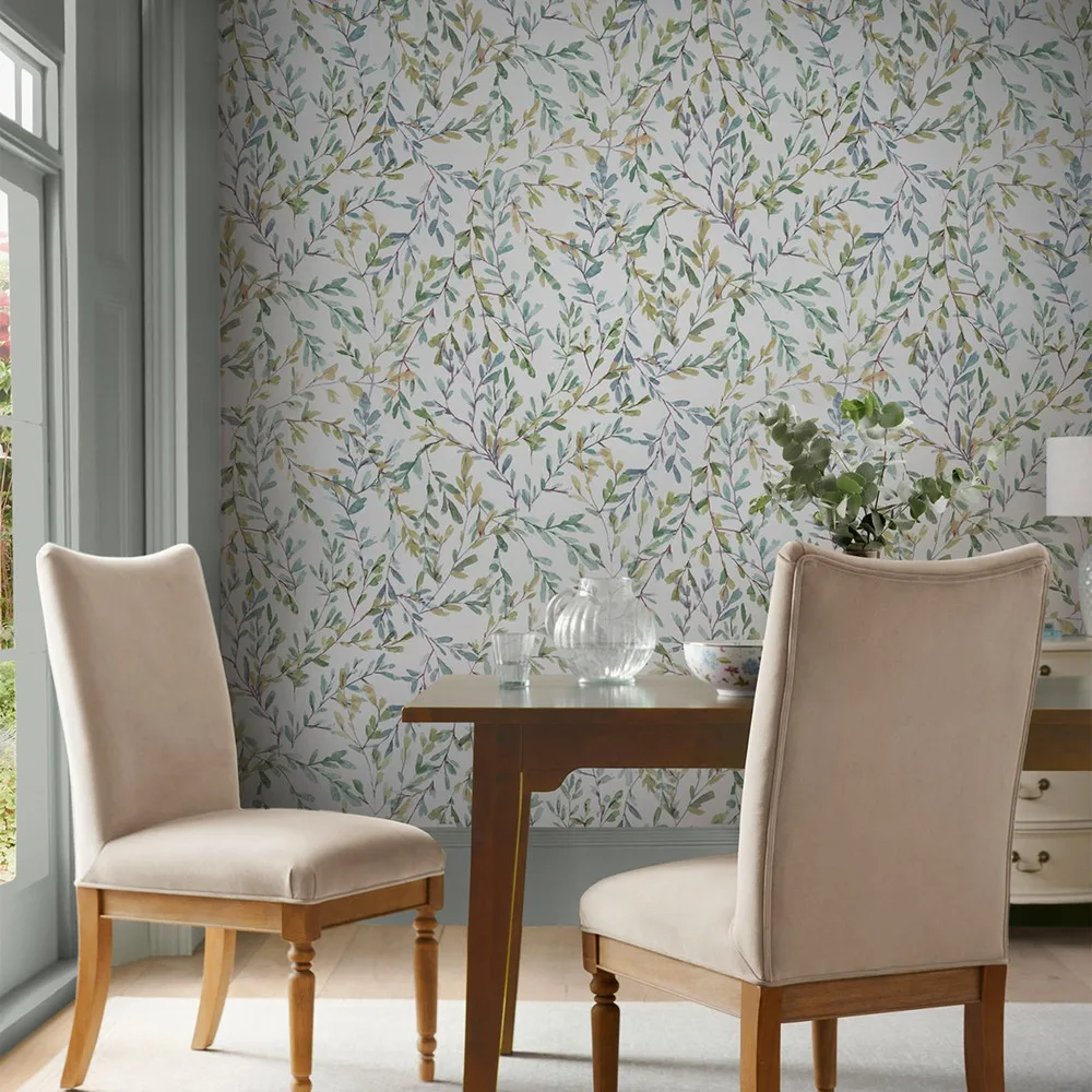Brayton Leaves Fresh Green Wallpaper roomset