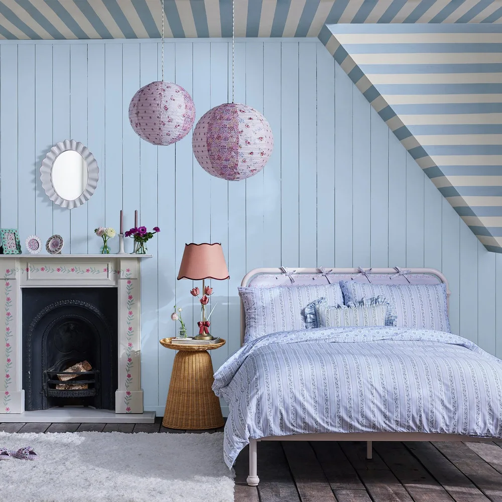 Canopy Stripe Blue Wallpaper roomset