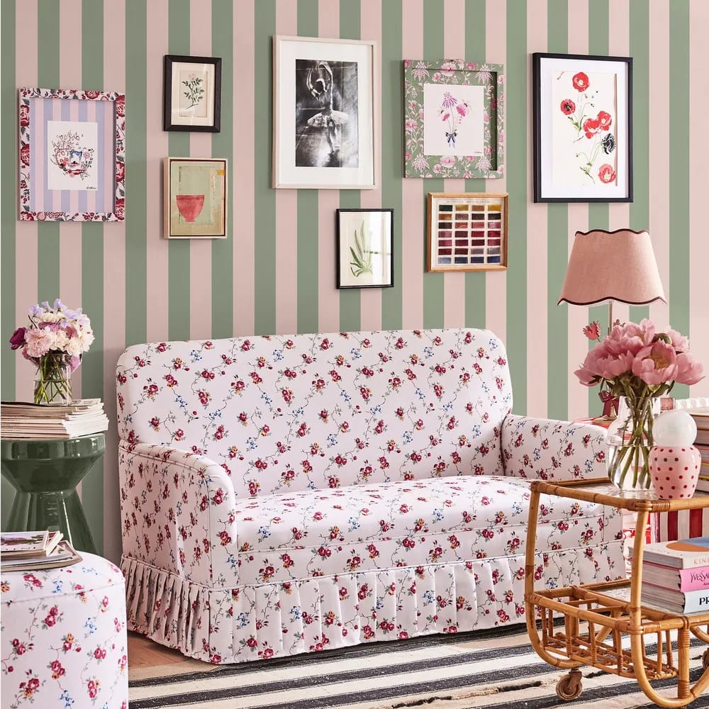 Canopy Stripe Green & Pink Wallpaper roomset