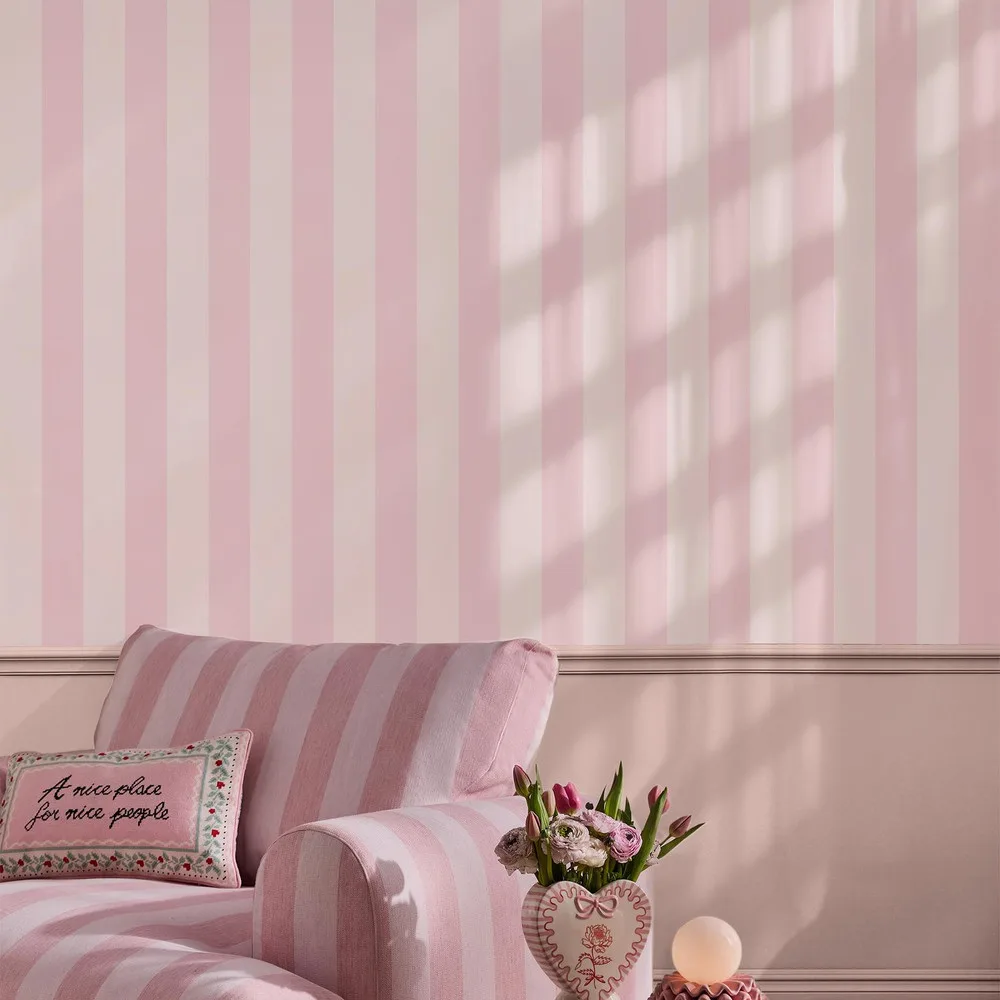 Canopy Stripe Pink Wallpaper roomset