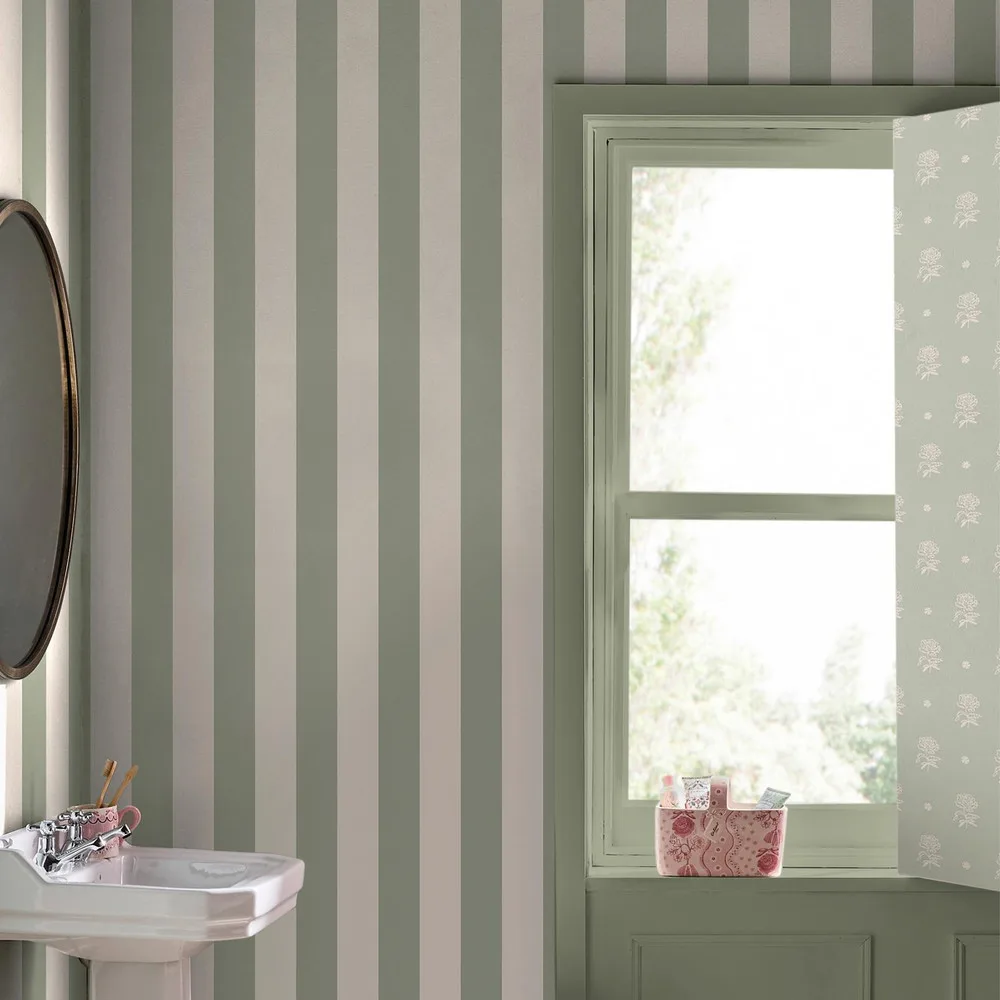 Canopy Stripe Sage Wallpaper roomset