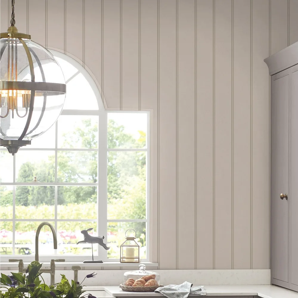 Chalford Wood Panelling Dove Grey Wallpaper roomset