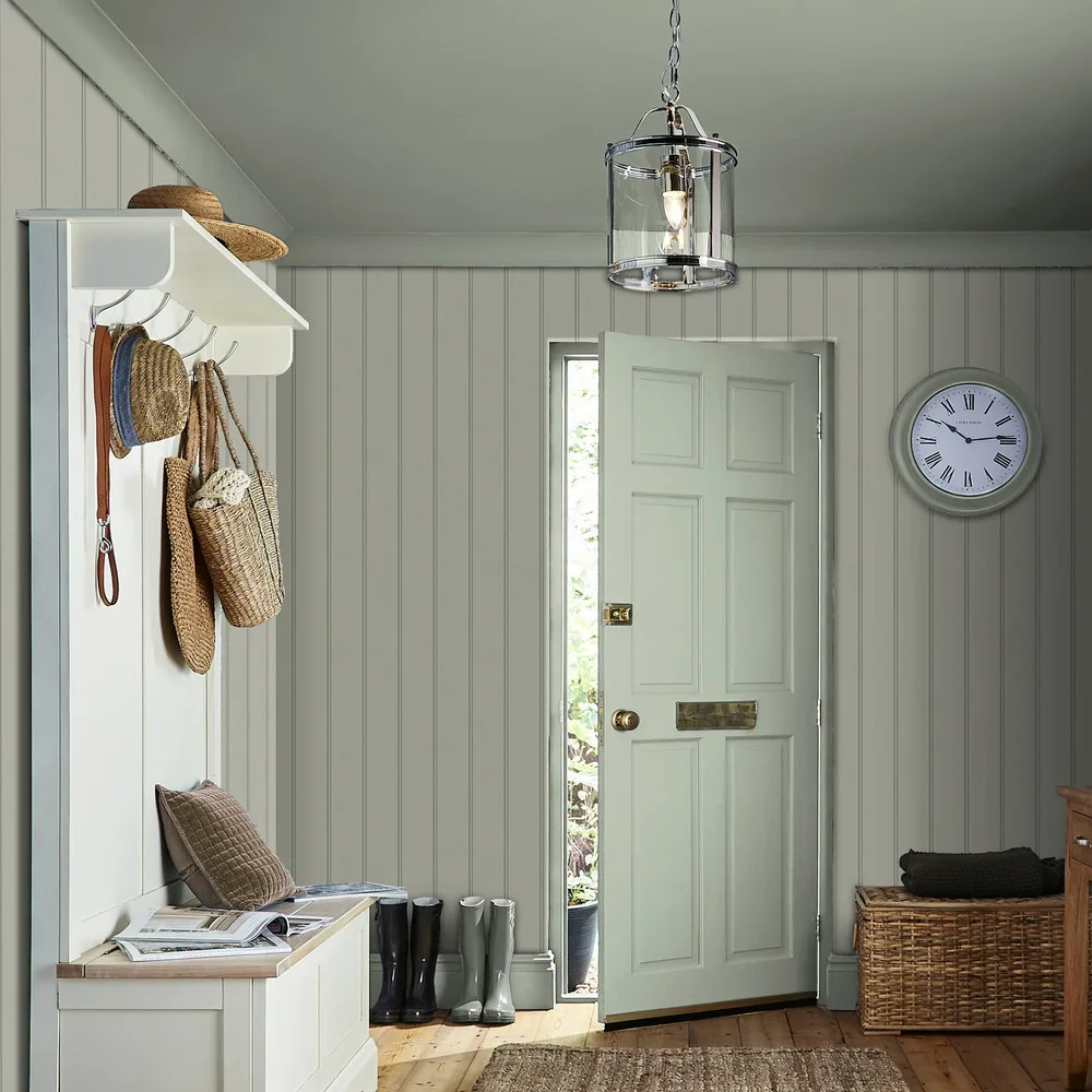 Chalford Wood Panelling Sage Green Wallpaper roomset
