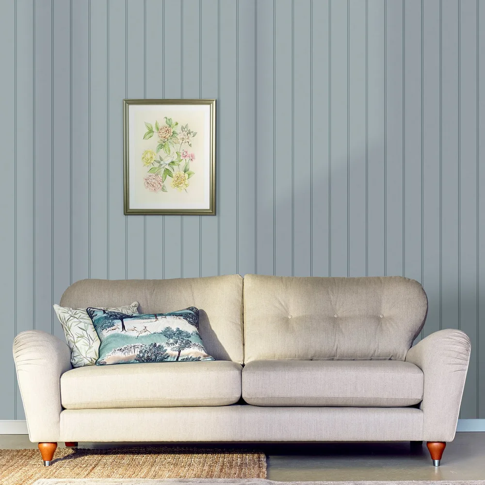 Chalford Wood Panelling Seaspray Blue Wallpaper roomset