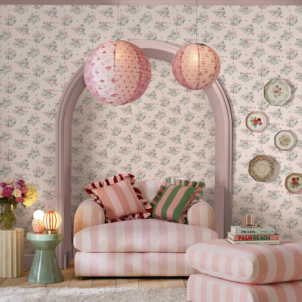 Clifton Floral Pink Wallpaper roomset