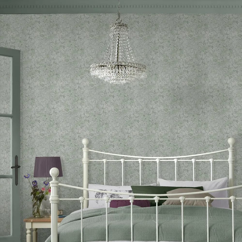 Corrina Leaf Mineral Green Wallpaper roomset