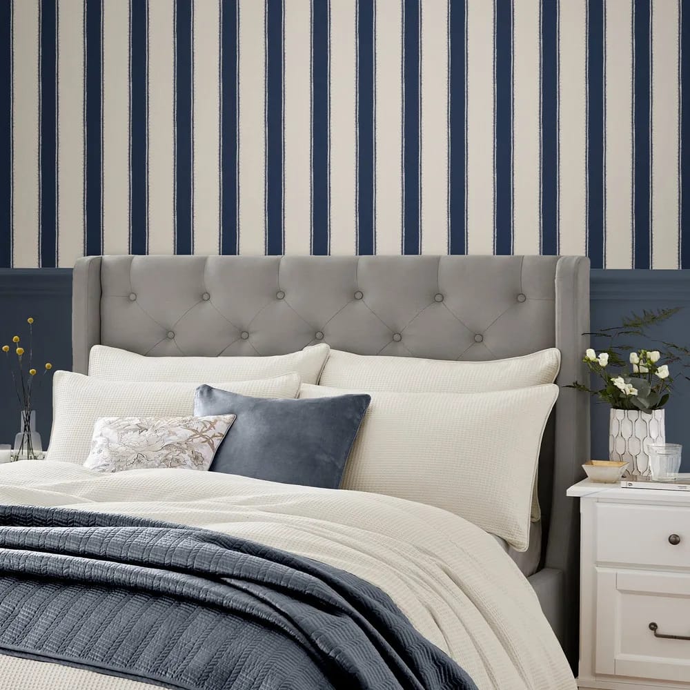 Denwick Stripe Midnight Seapsray Wallpaper roomset