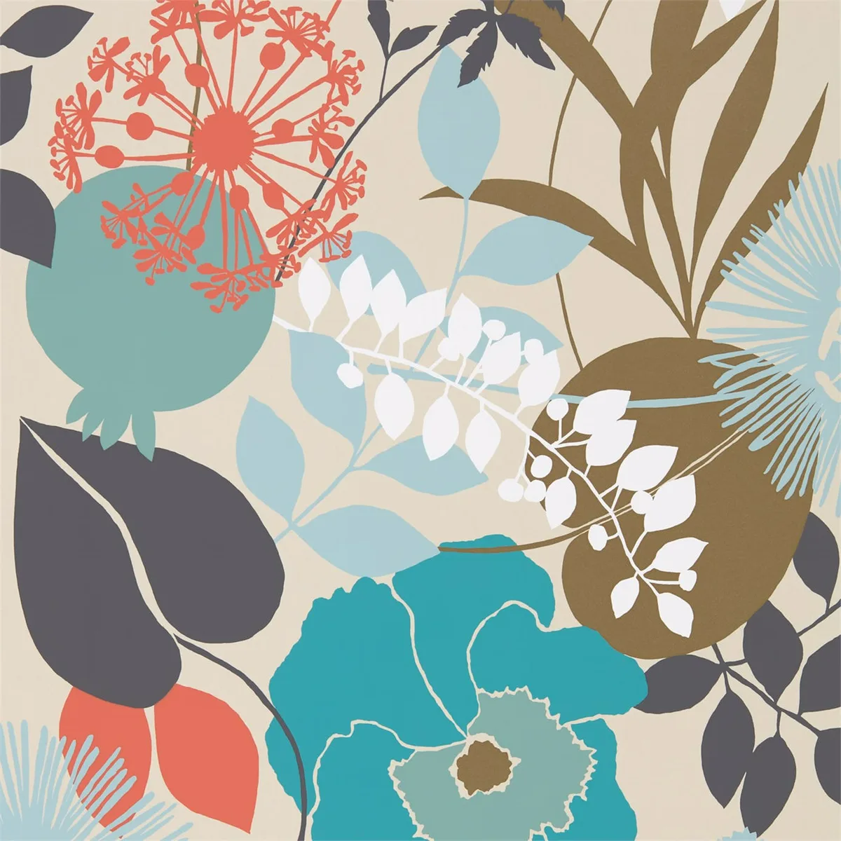 Doyenne Sky/Olive/Coral Wallpaper roomset
