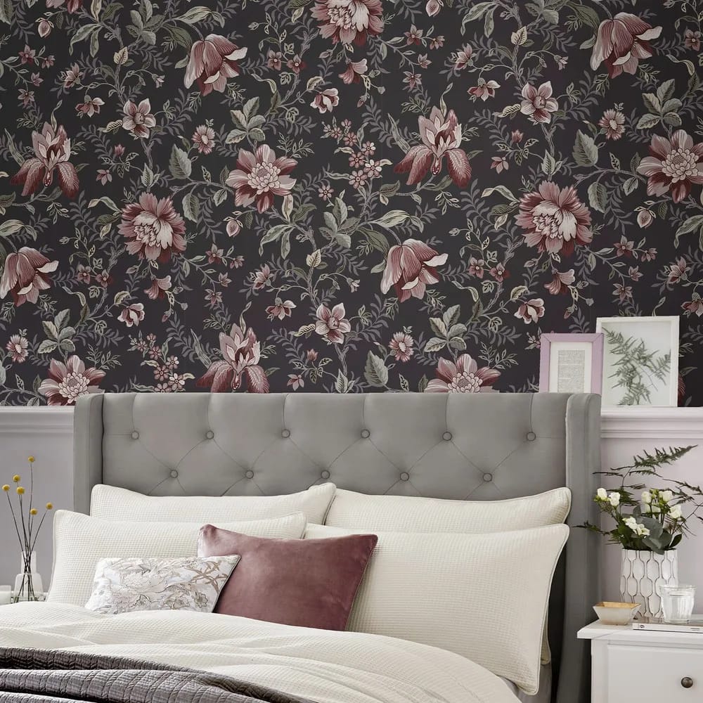 Edita's Garden Charcoal Grey Wallpaper roomset