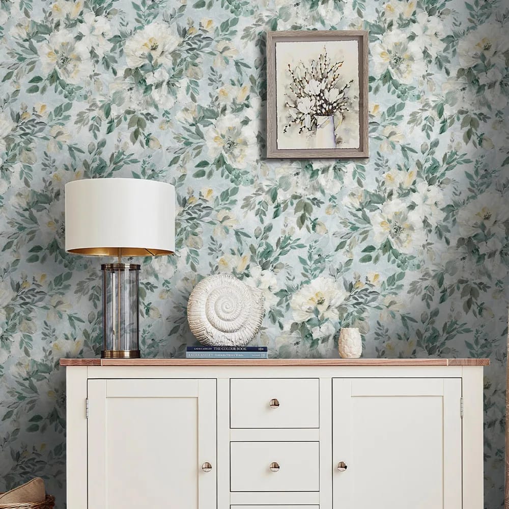 Elowen Peony Pale Teal Wallpaper roomset
