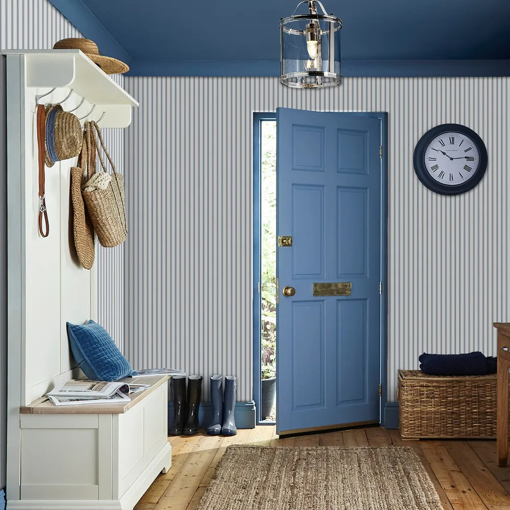 Farnworth Stripe Smoke Blue Wallpaper roomset