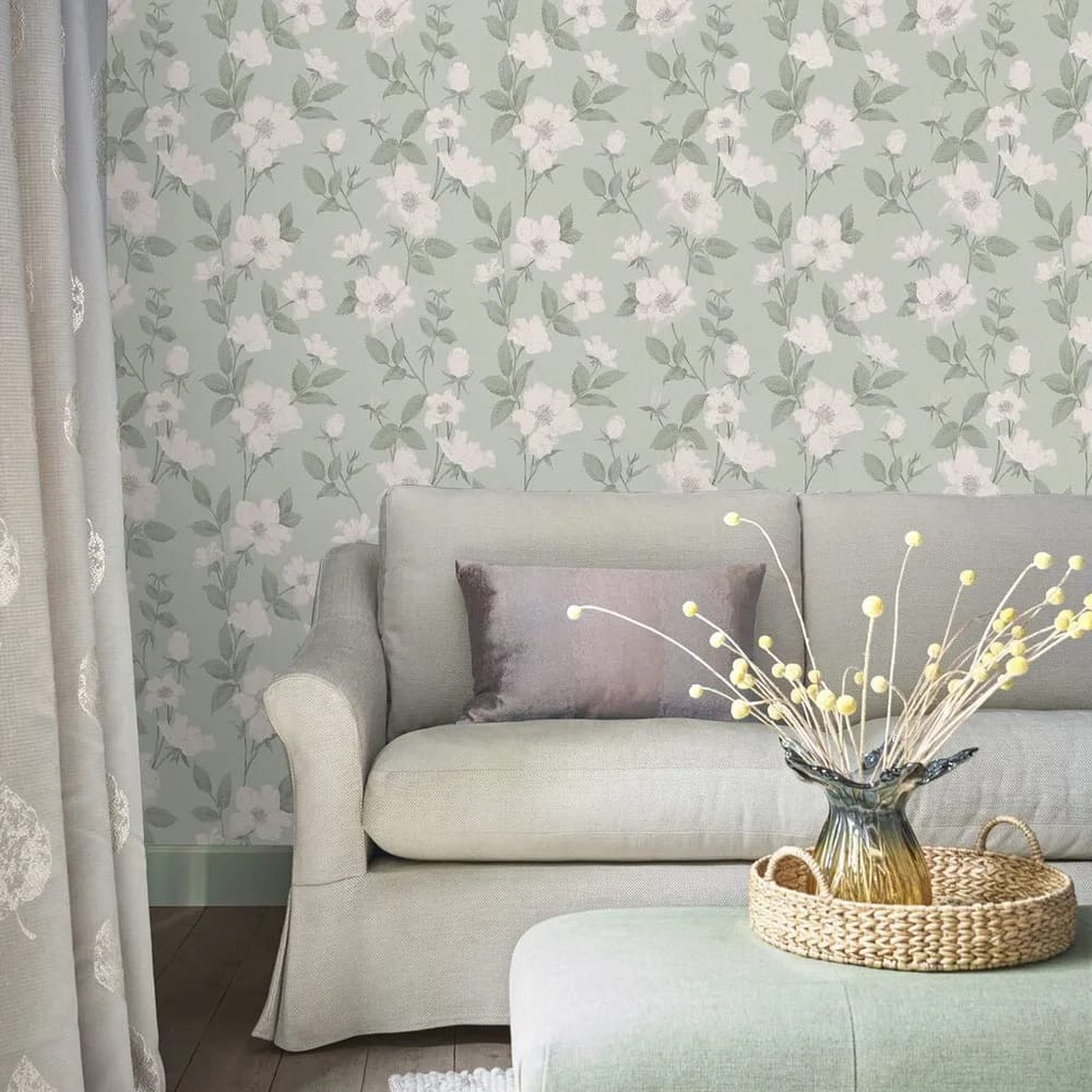 Fleurir Smoke Green Wallpaper roomset