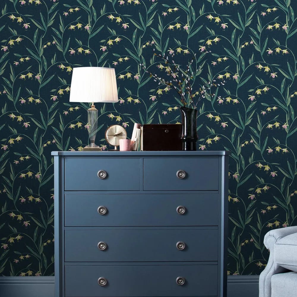 Fulwell Fuchsia Midnight Seaspray Wallpaper roomset