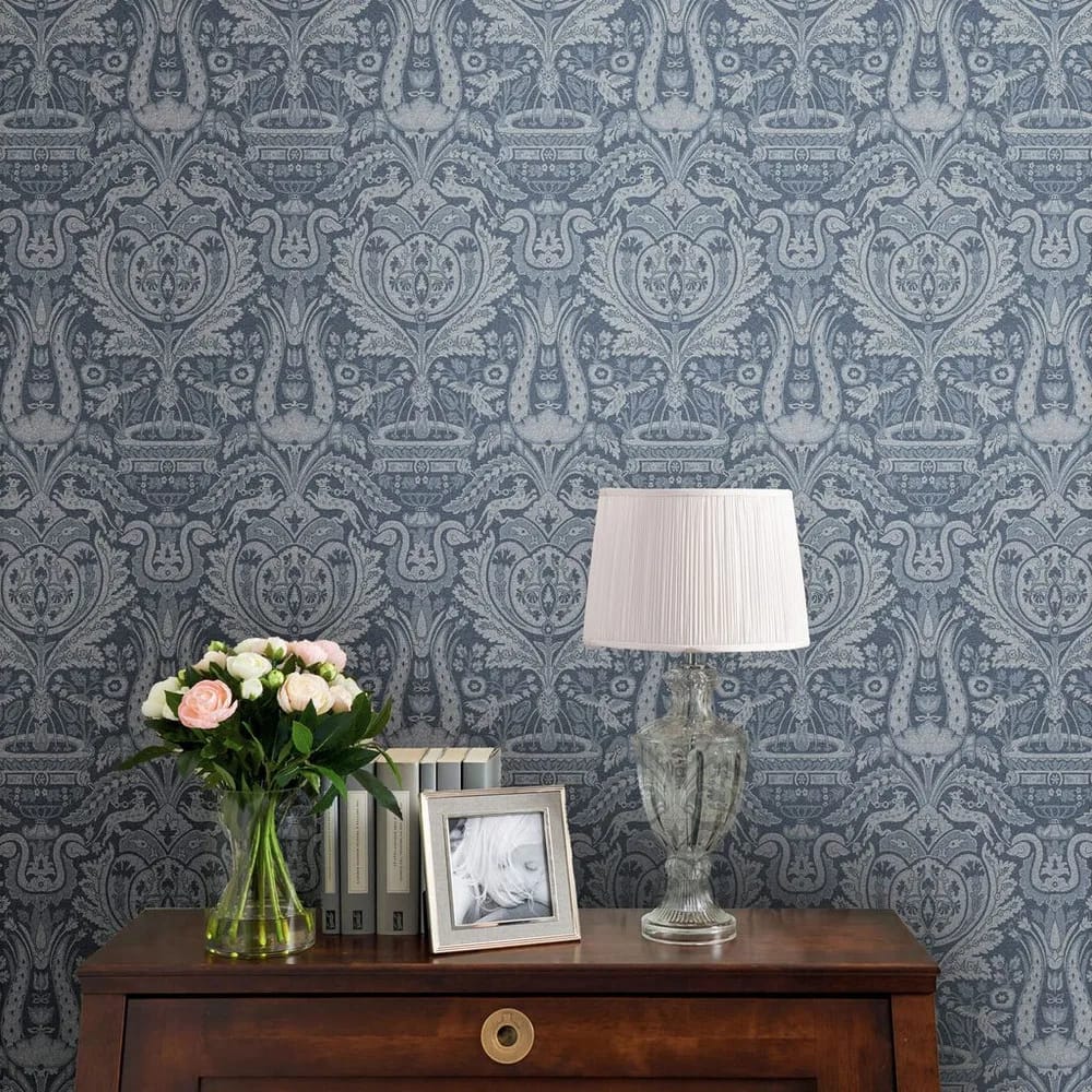 Heraldic Damask Dusky Seaspray Wallpaper roomset