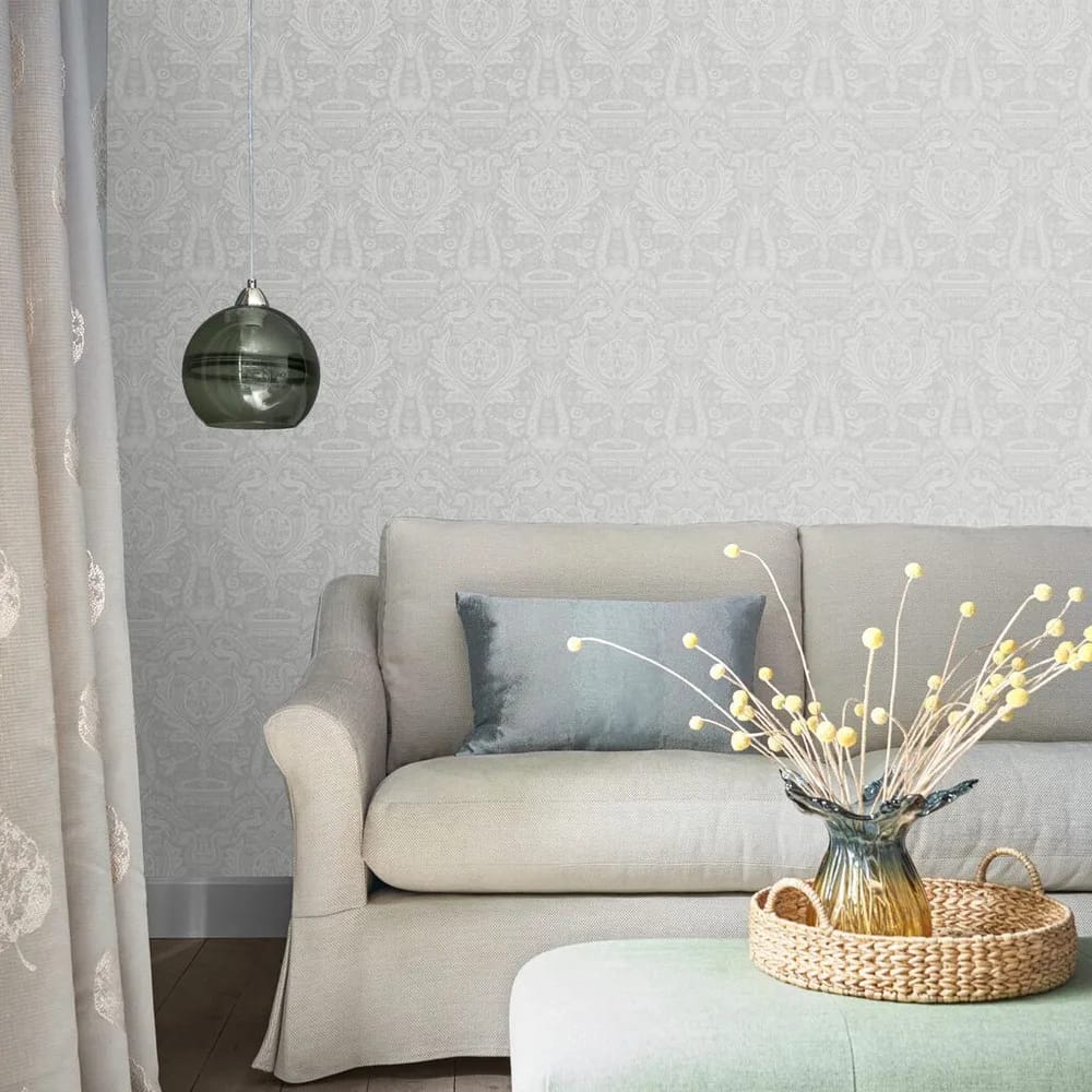 Heraldic Damask Slate Grey Wallpaper roomset