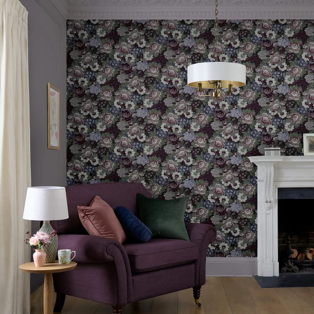 Honnington Peonies Blackberry Purple Wallpaper roomset