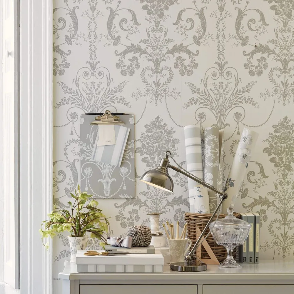 Josette Dove Grey & White Wallpaper roomset