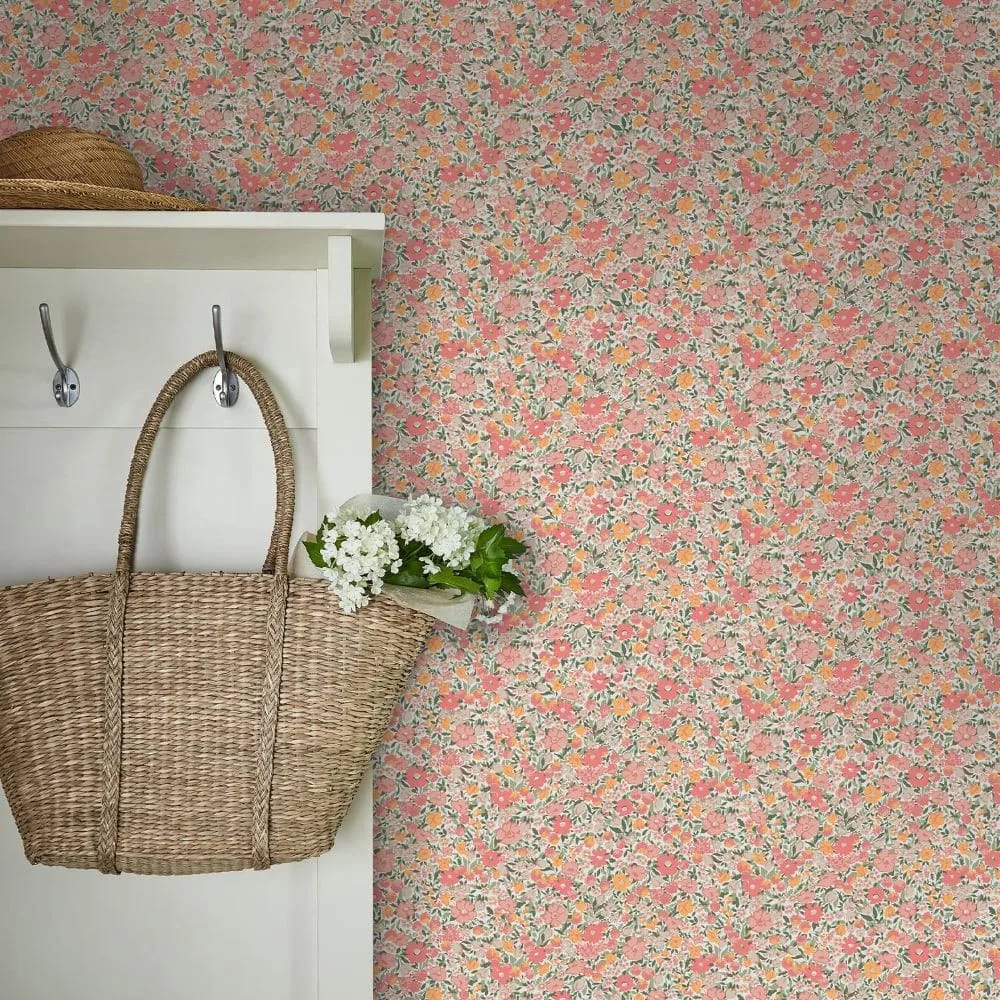 Loveston Coral Pink Wallpaper roomset