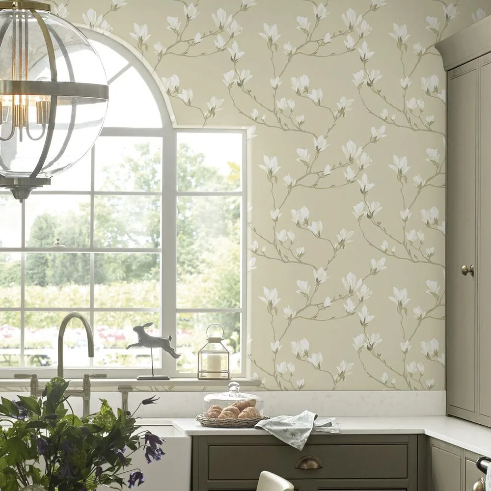 Magnolia Grove Natural Wallpaper roomset