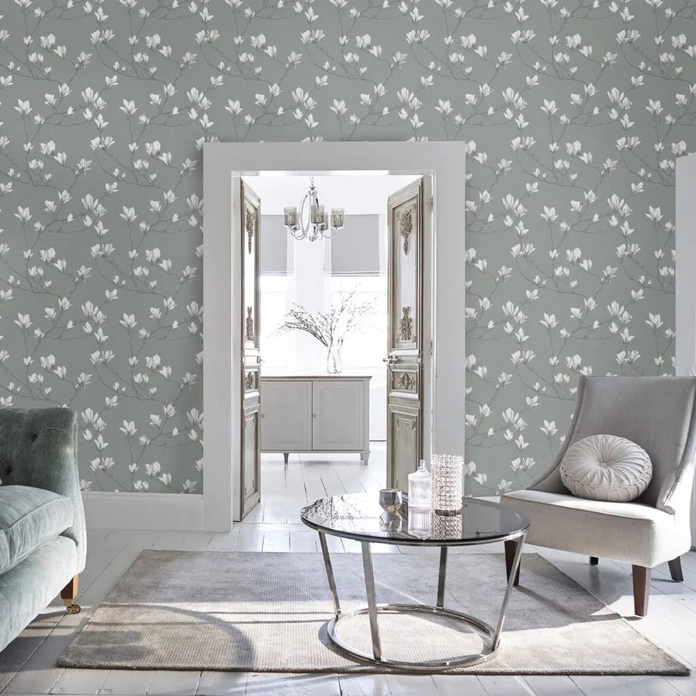 Magnolia Grove Slate Wallpaper roomset
