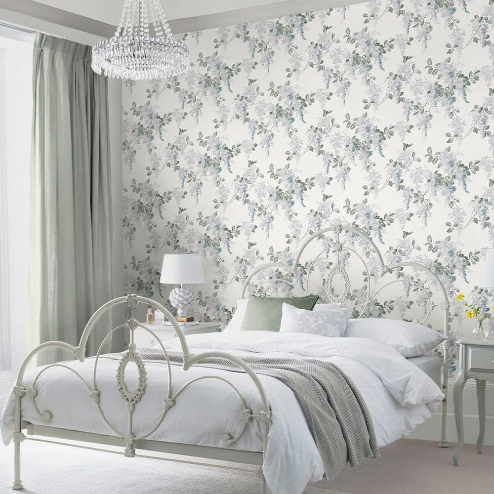 Mirabelle Pale Seaspray Wallpaper roomset