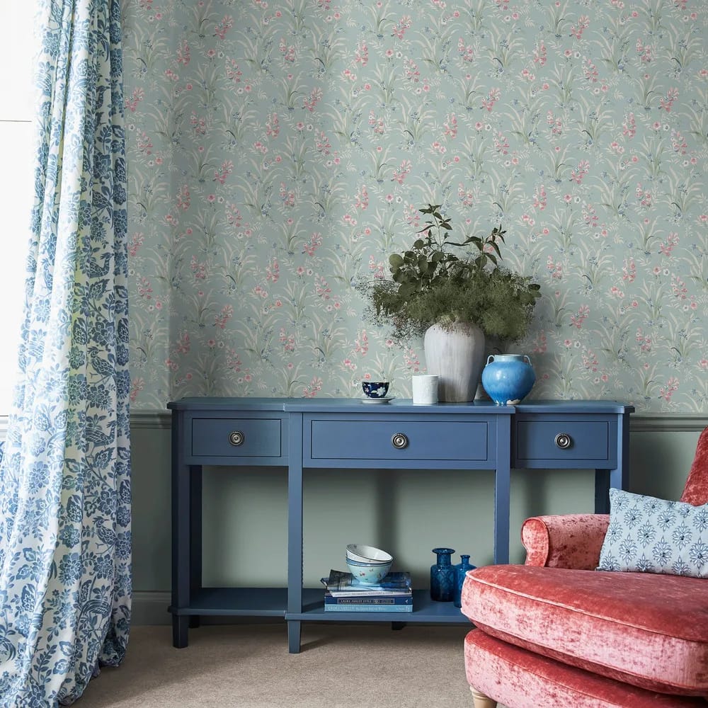 Mosedale Posy Dark Duck Egg Blue Wallpaper roomset