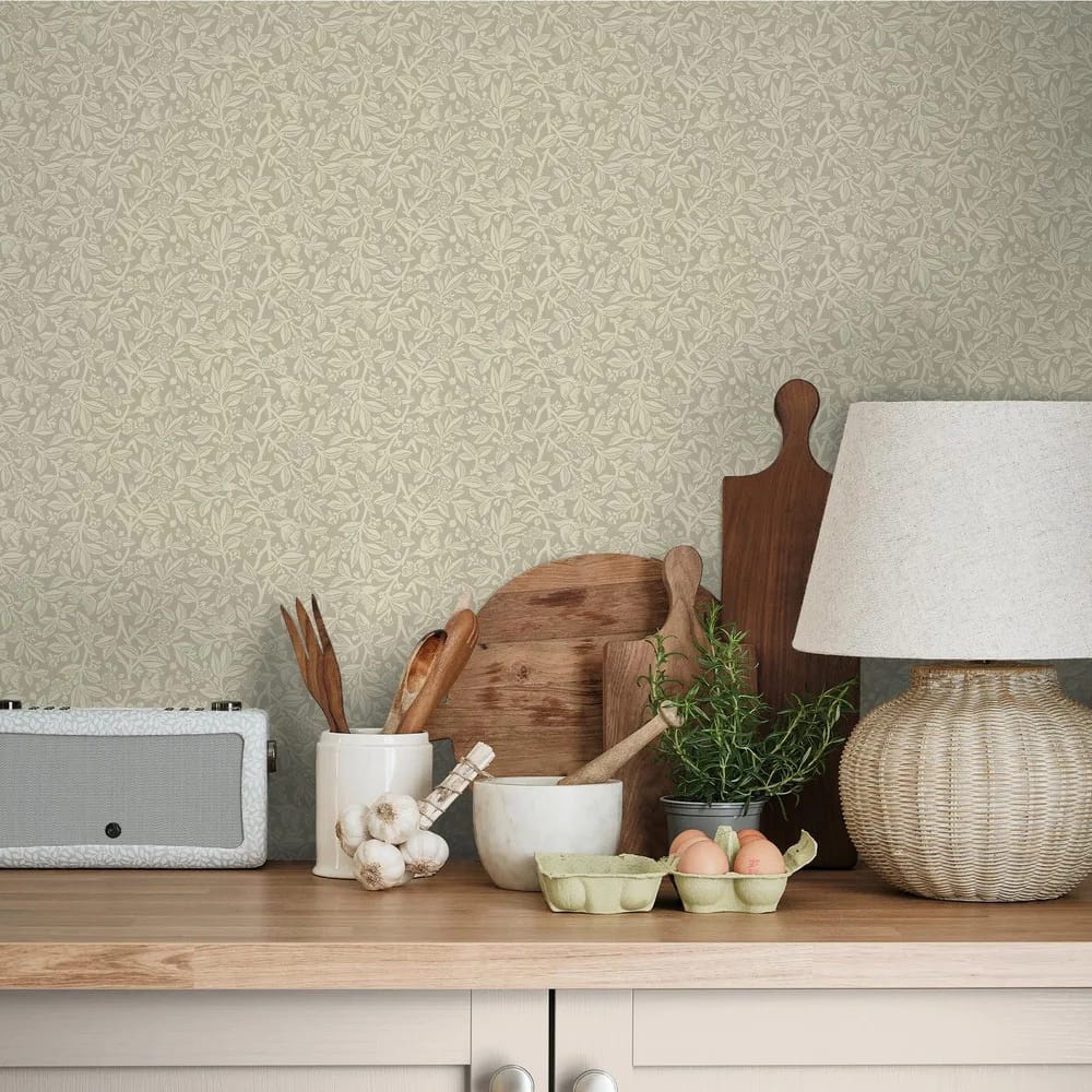 Nutgrove Stone Grey Wallpaper roomset