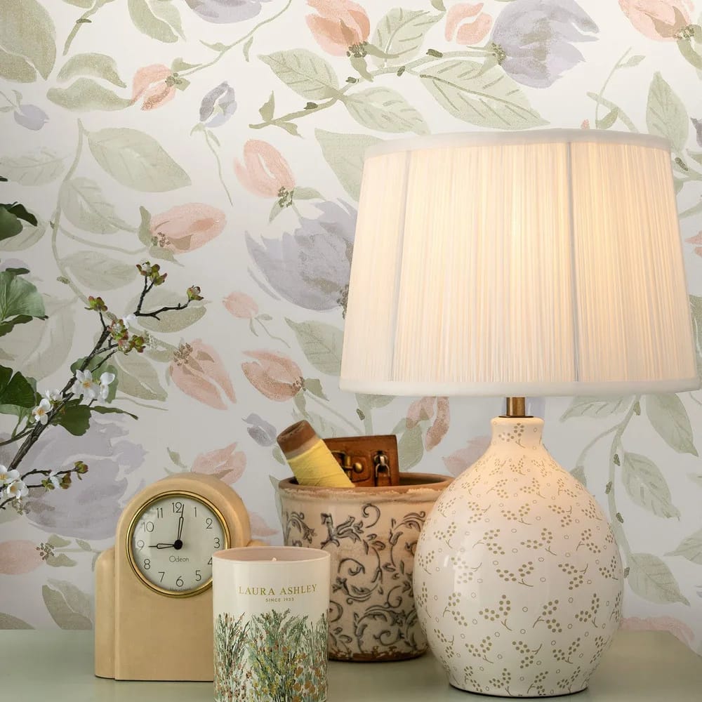 Orisia Peony Pale Sage Green Wallpaper roomset