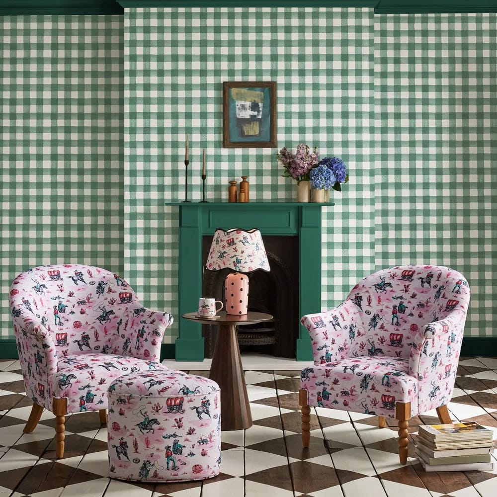 Painted Gingham Green Wallpaper roomset