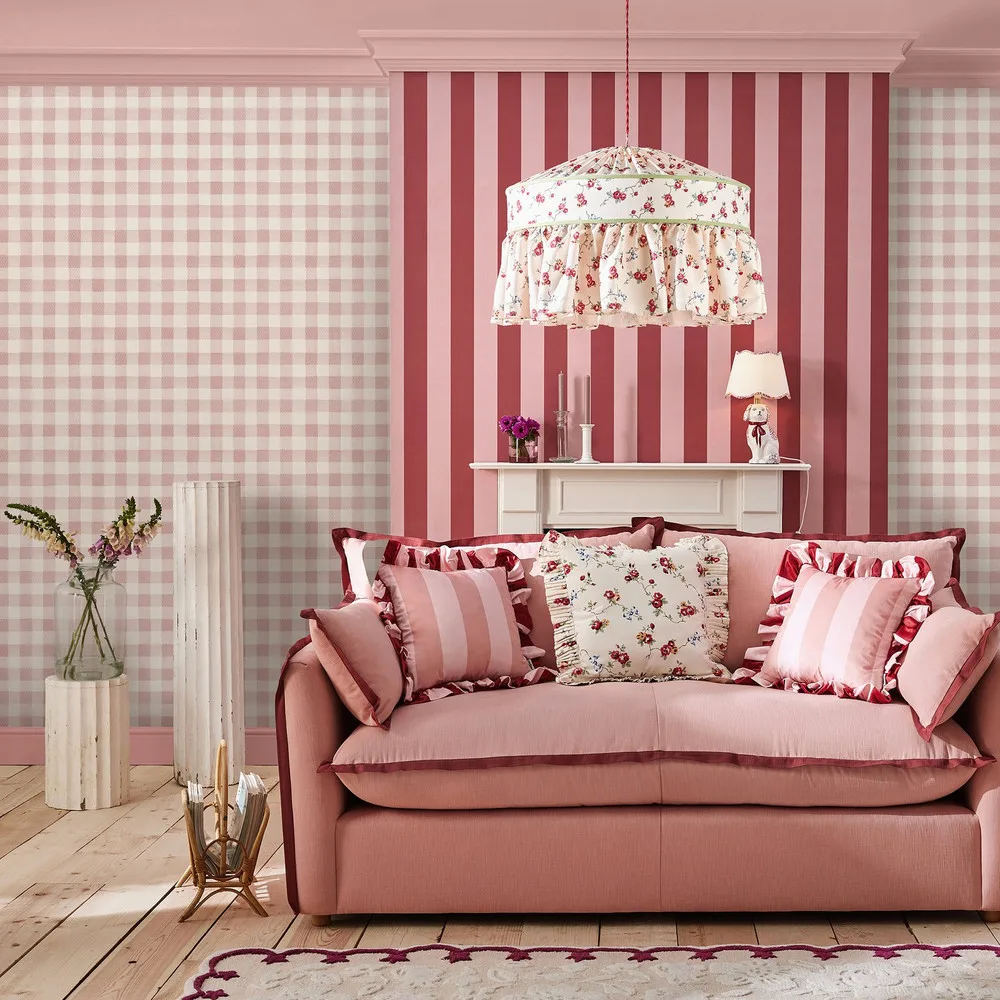 Painted Gingham Pink Wallpaper roomset