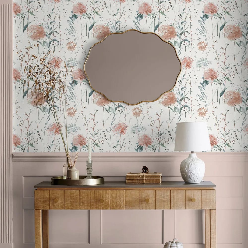 Pallington Bloom Plaster Pink Wallpaper roomset