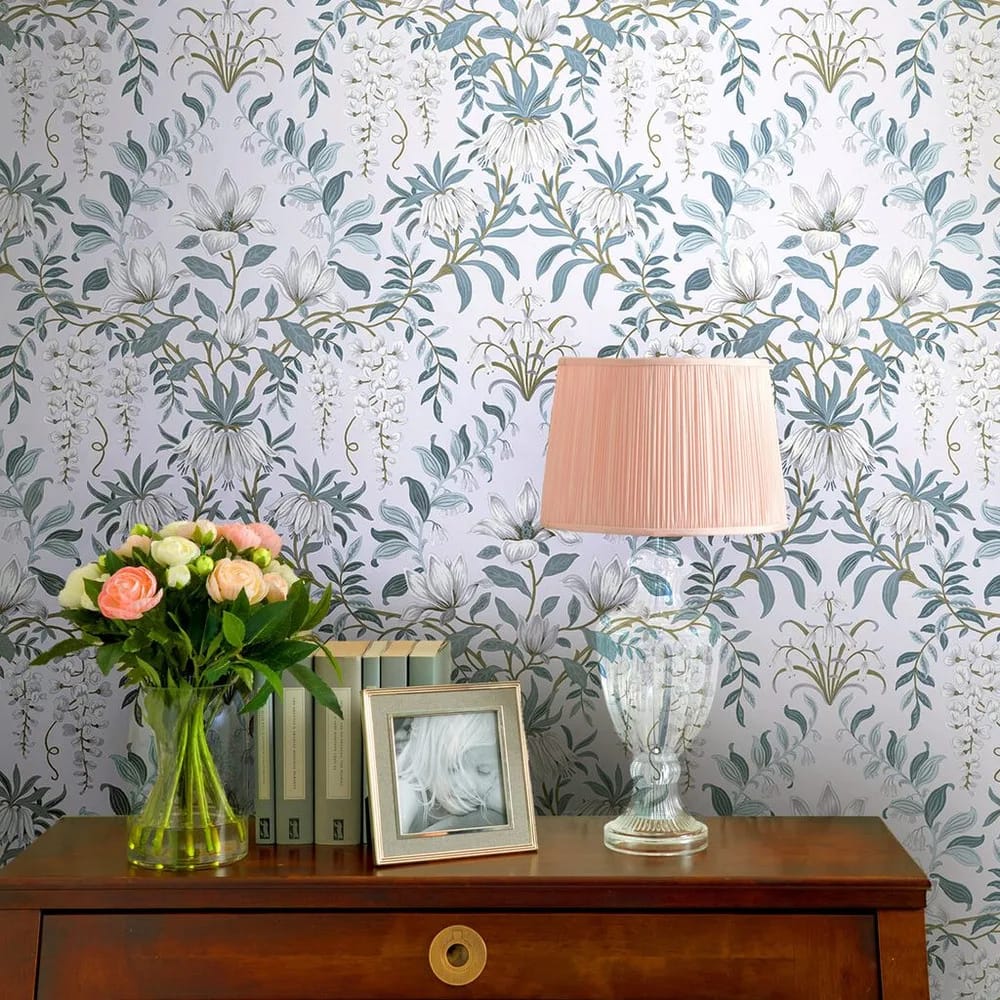 Parterre Off White & Seaspray Wallpaper roomset