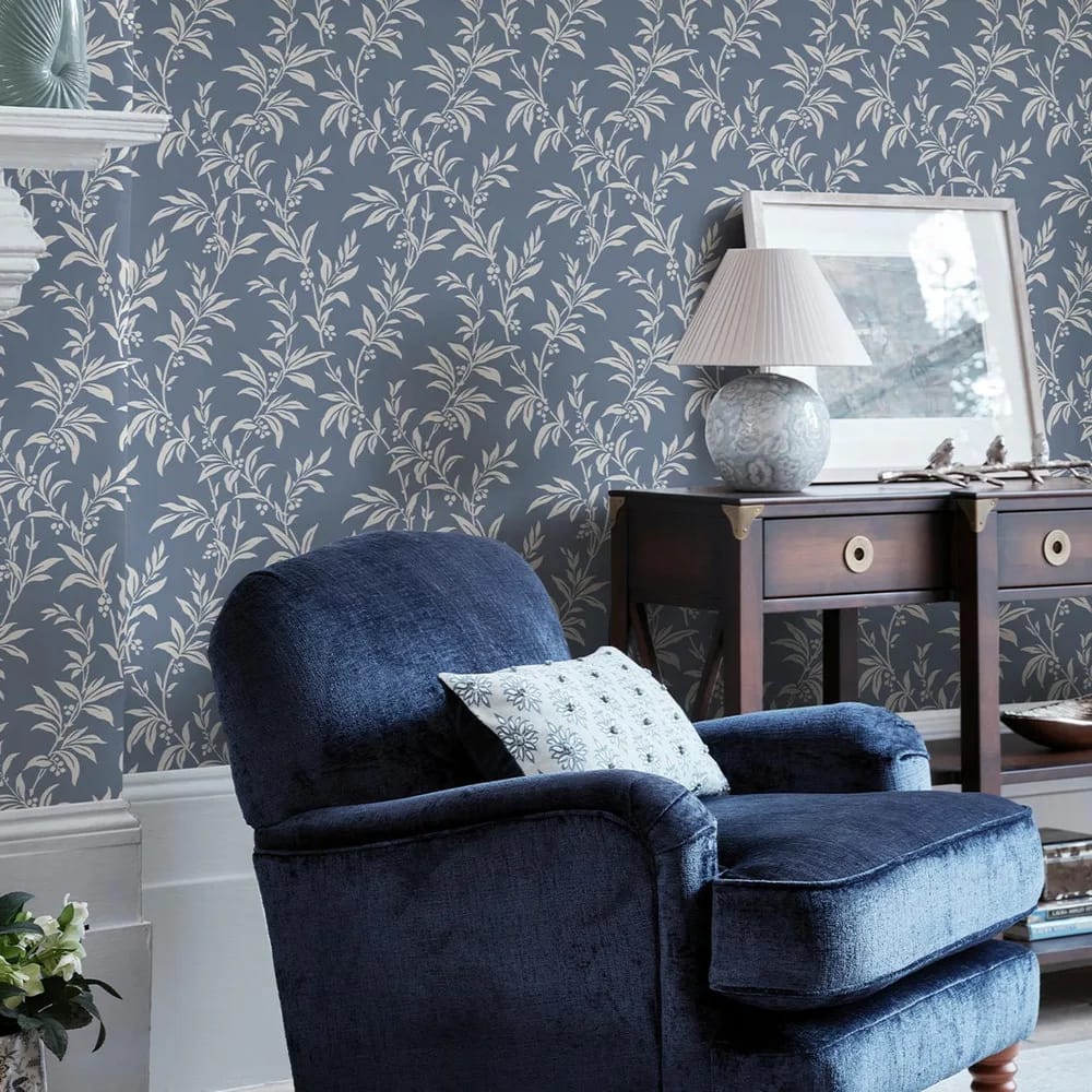 Paxford Leaves Dark Seaspray Wallpaper roomset