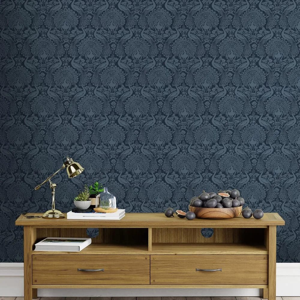 Peacock Damask Dusky Seaspray Wallpaper roomset