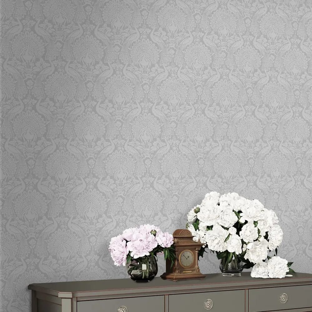 Peacock Damask Pale Slate Wallpaper roomset