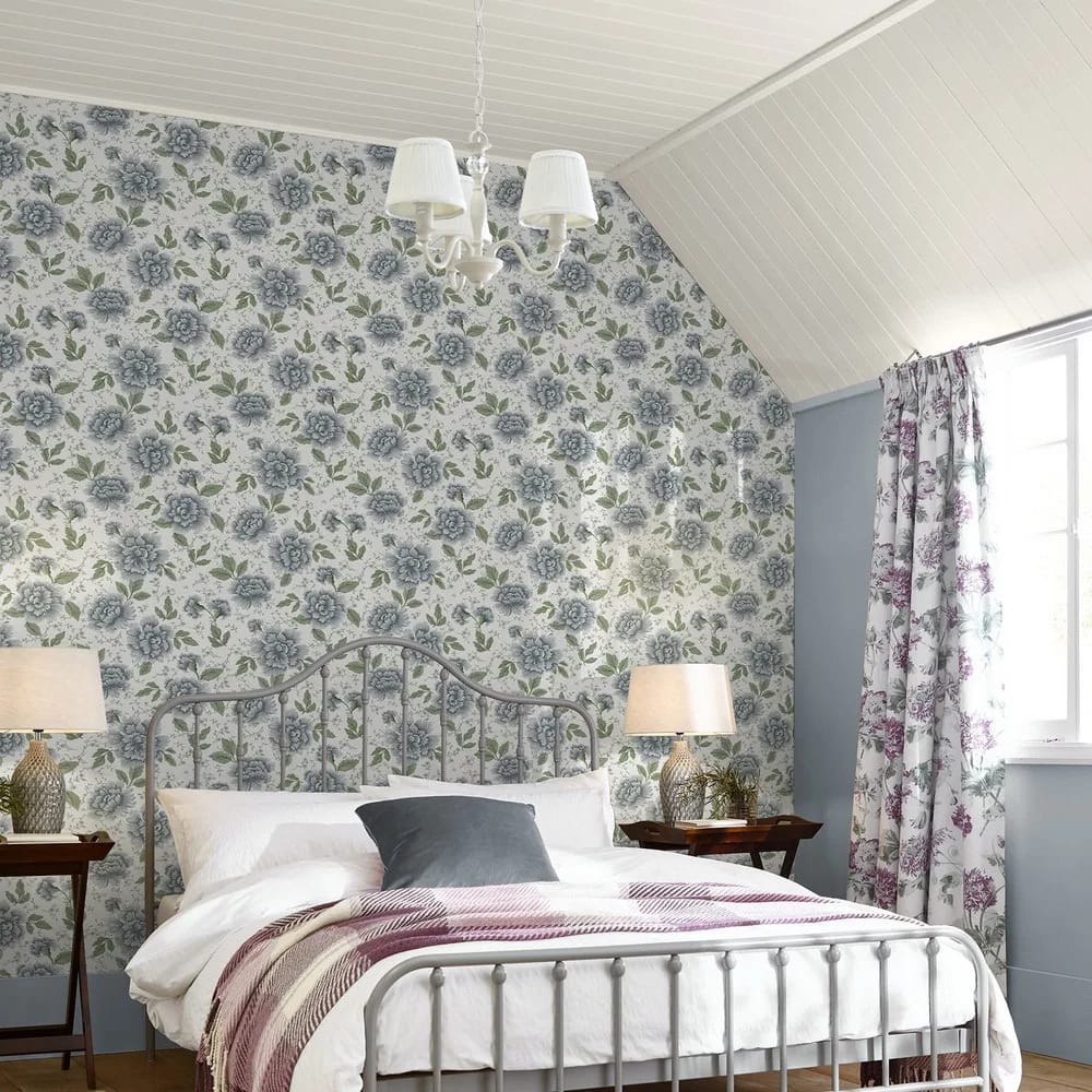 Pickworth Posy Pale Seaspray Blue Wallpaper roomset