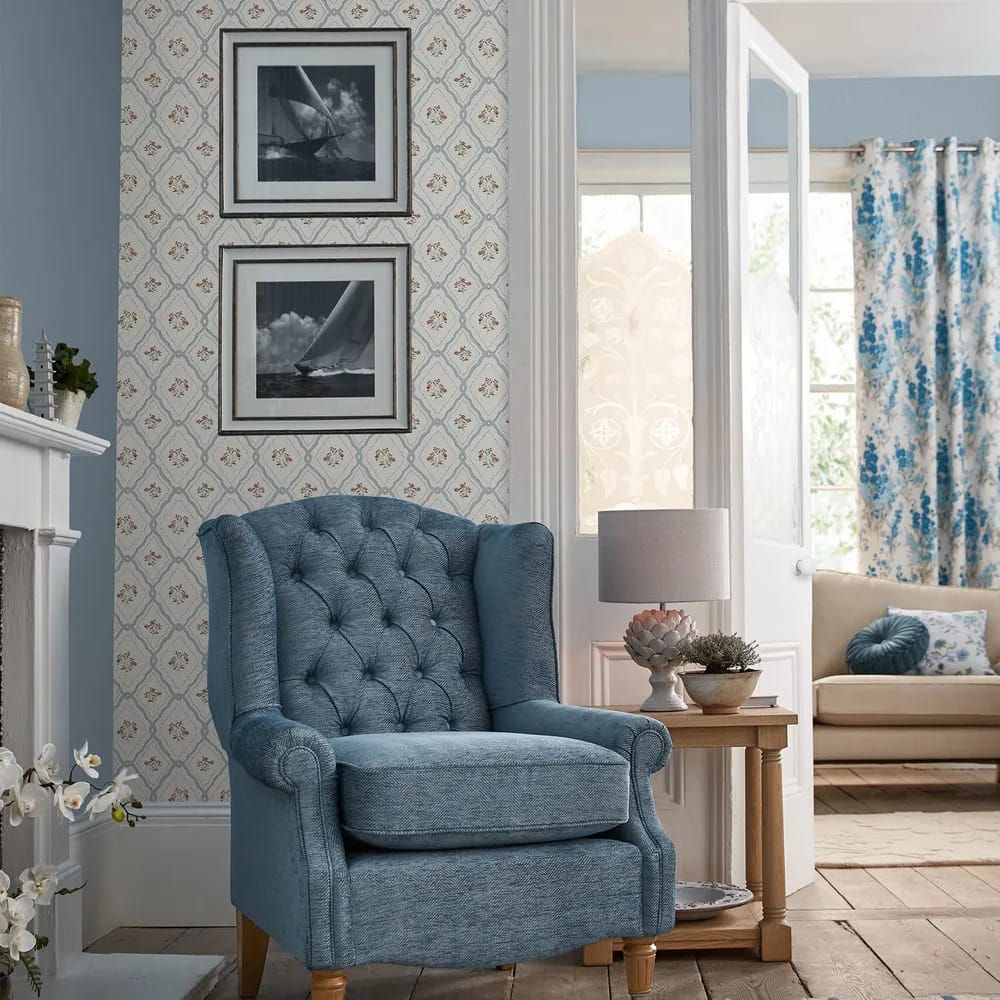 Pinford Trellis Pale Seaspray Blue Wallpaper roomset