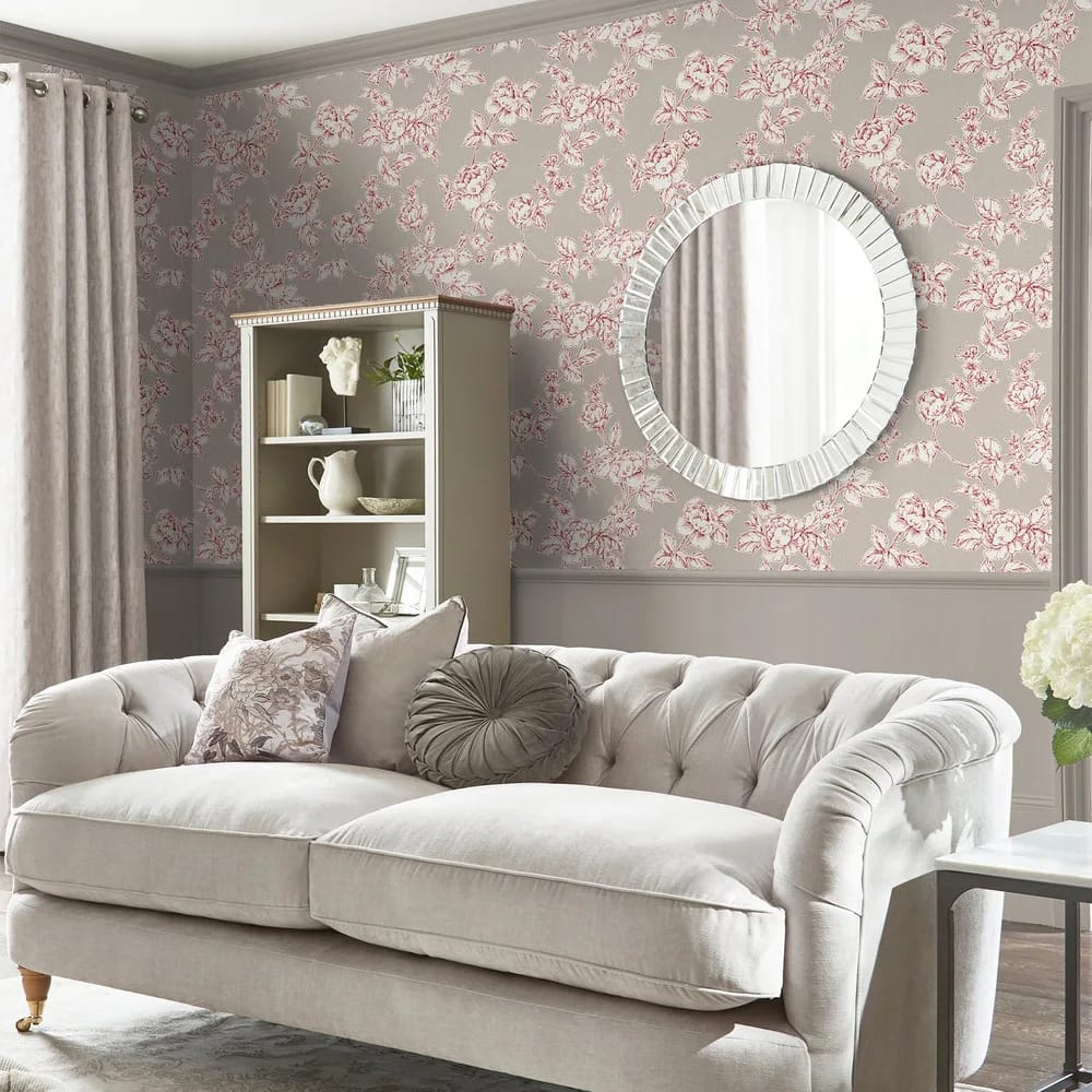 Pollington Roses Dark Dove Grey Wallpaper roomset