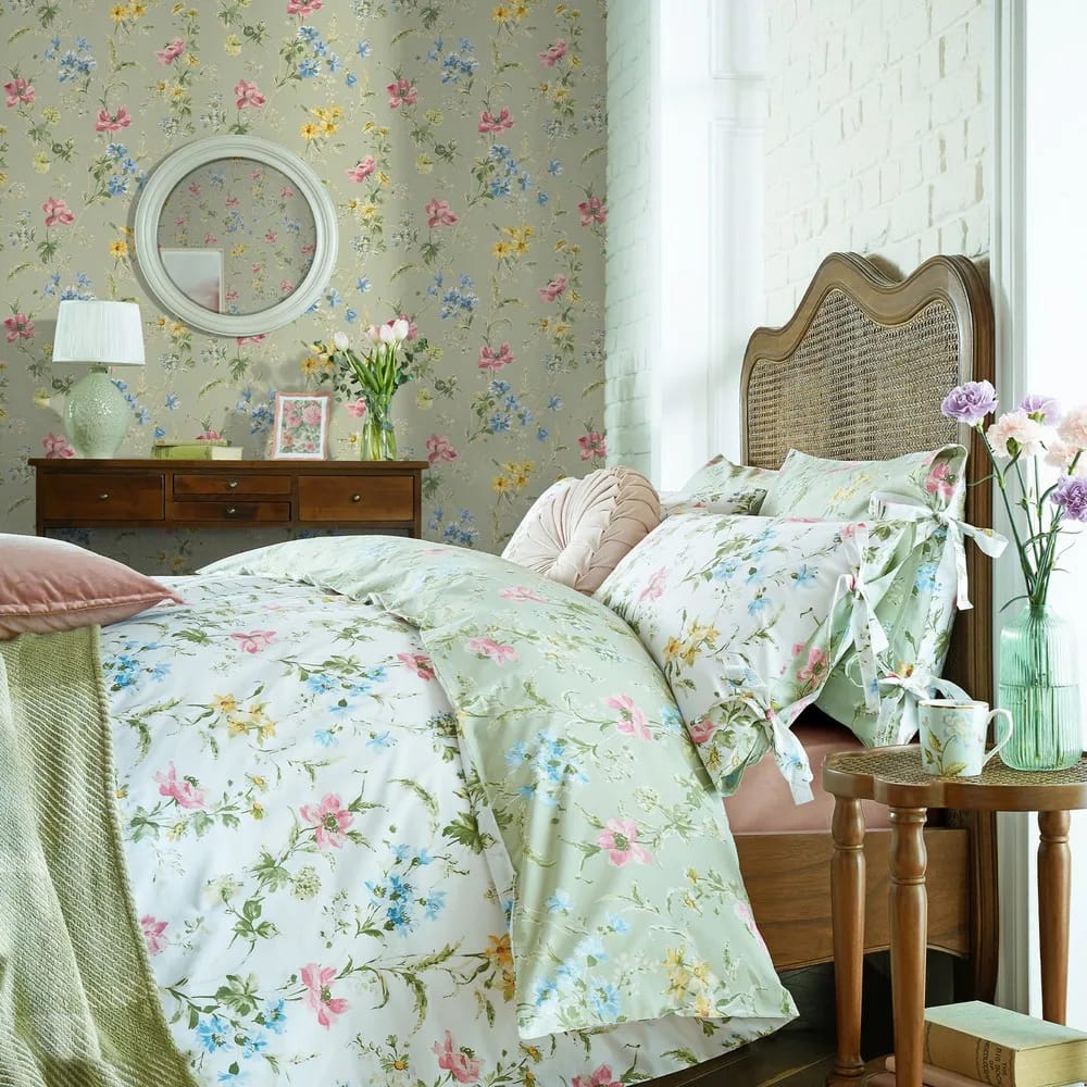 Poppy Meadow Sage Green Wallpaper roomset