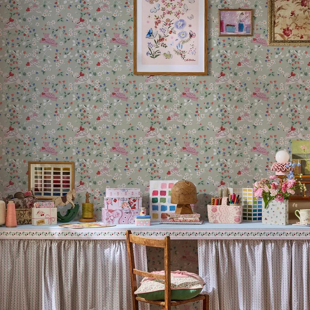 Puppy Dream Floral Sage Wallpaper roomset