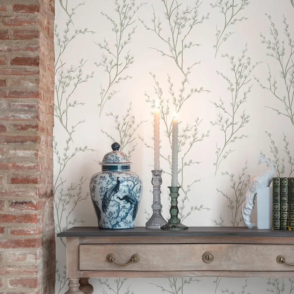 Pussy Willow Sage Green Wallpaper roomset