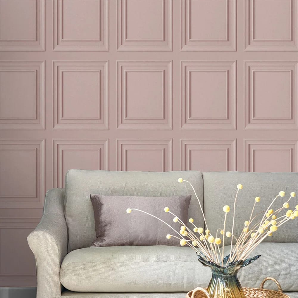 Redbrook Wood Panel Blush Wallpaper roomset