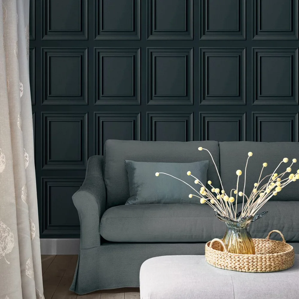 Redbrook Wood Panel Dark Seaspray Wallpaper roomset