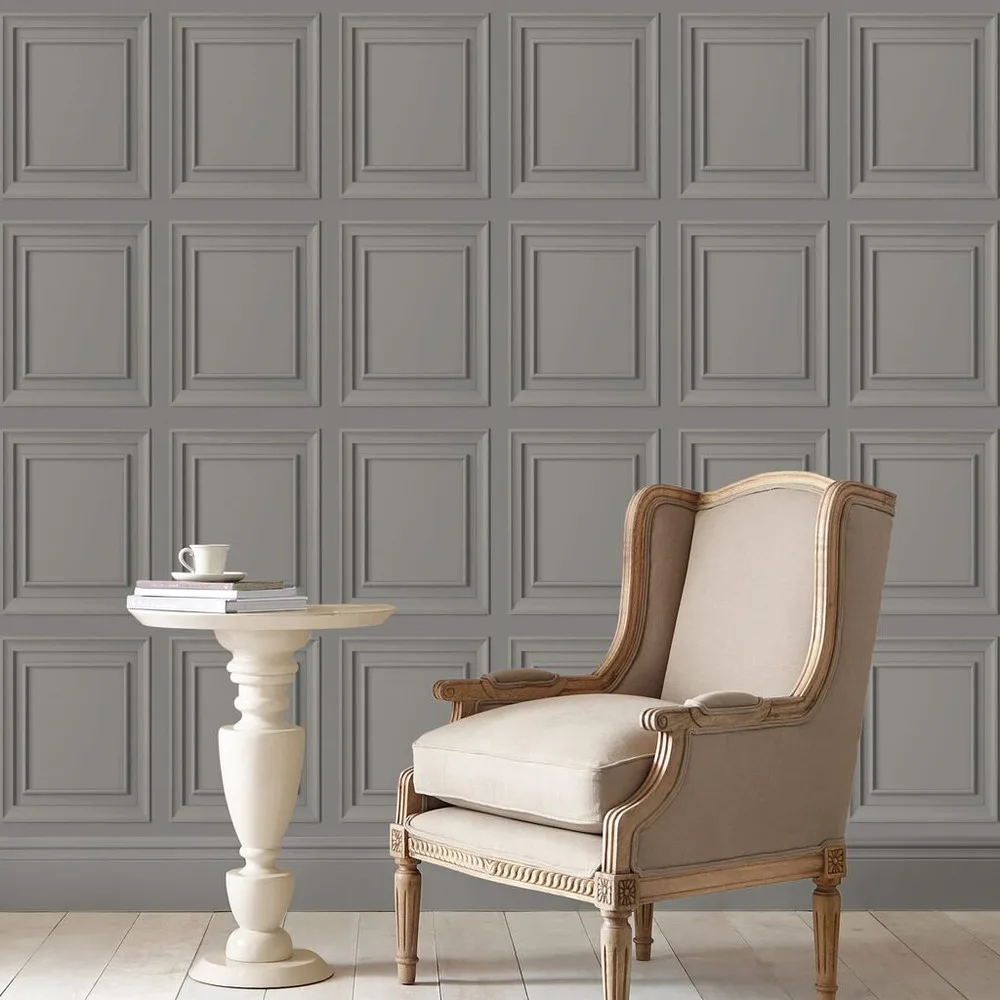 Redbrook Wood Panel Pale Steel Wallpaper roomset