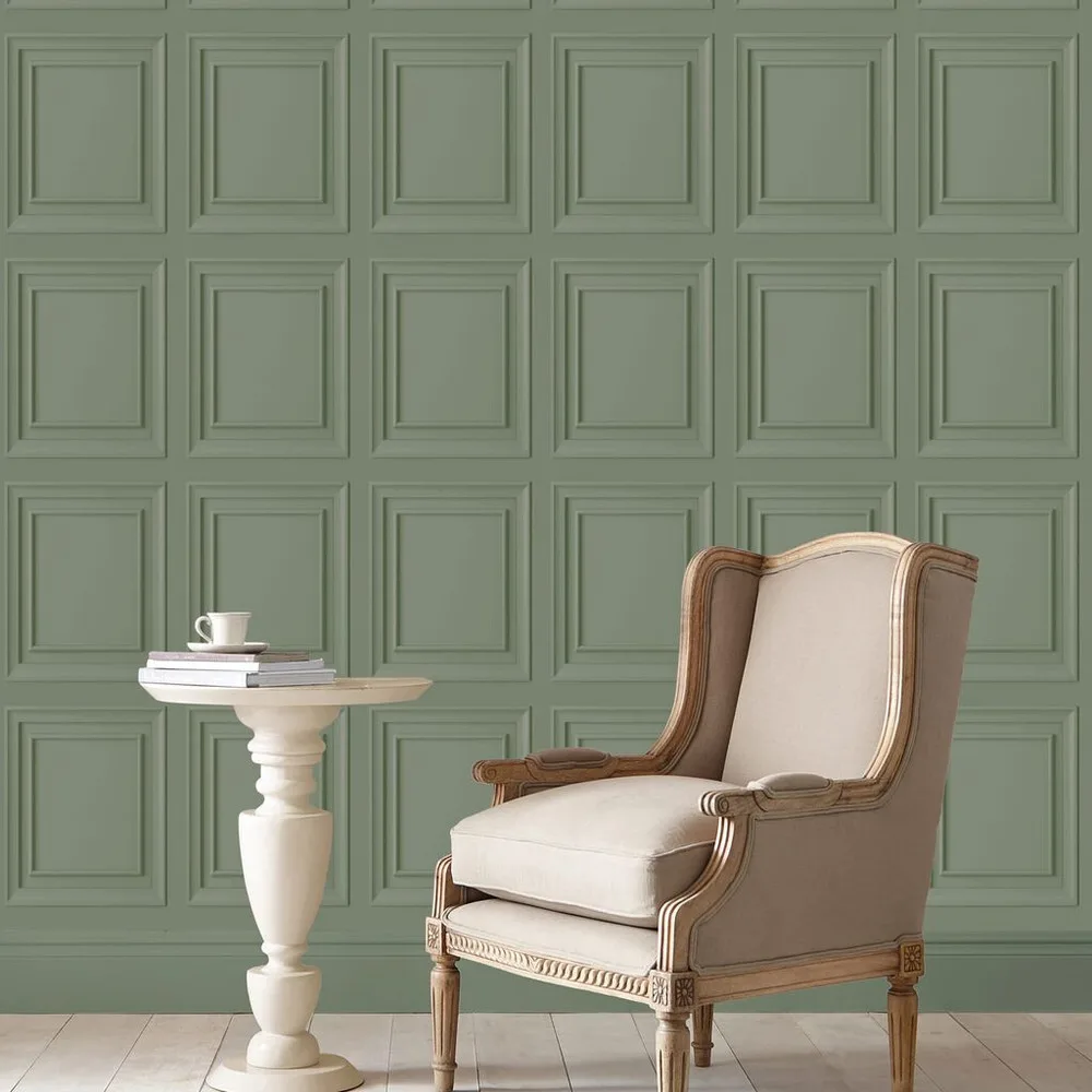 Redbrook Wood Panel Sage Wallpaper roomset