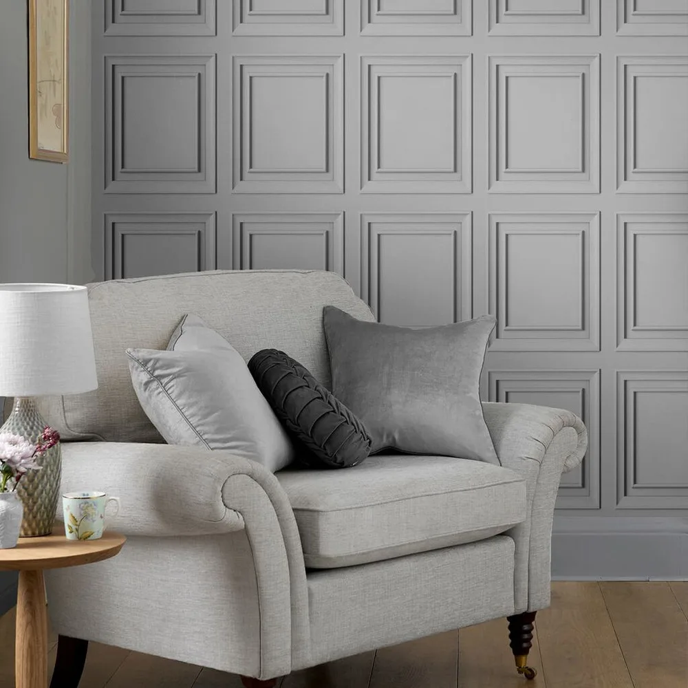Redbrook Wood Panel Silver Wallpaper roomset