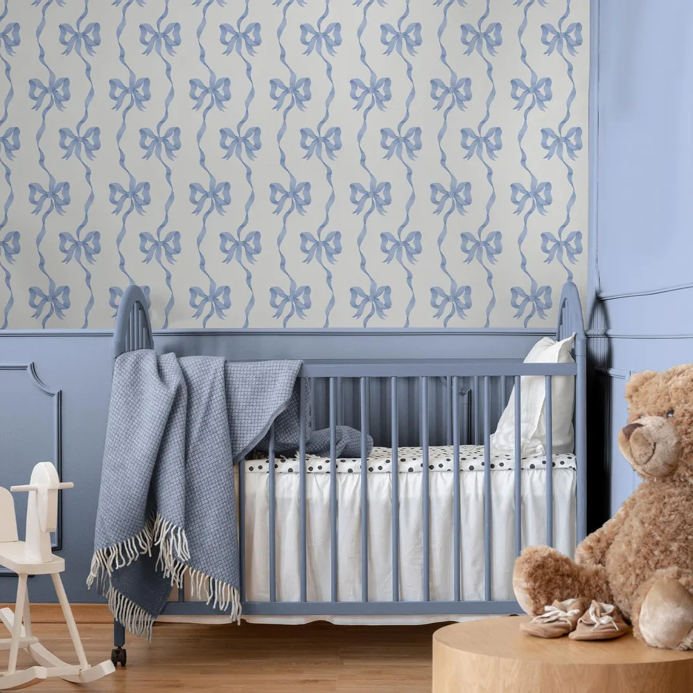 Ribbon Bow Blue Wallpaper roomset
