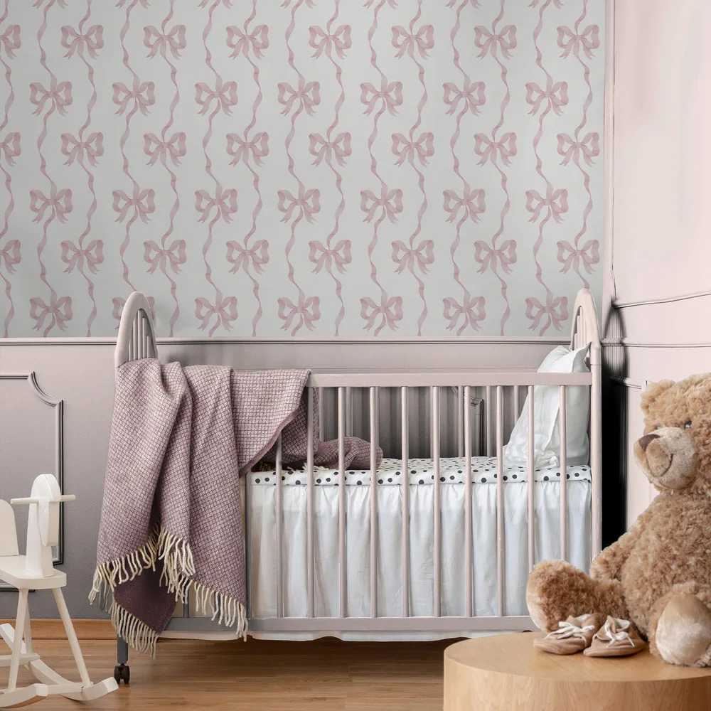 Ribbon Bow Pink Wallpaper roomset